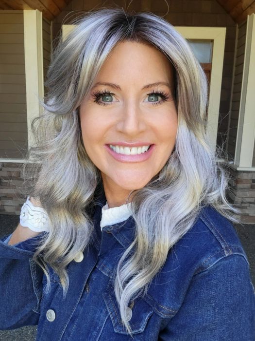 Natalie Gray @vanish.into.thin.hair wearing RACHEL by JON RENAU in color FS36/56/60S4 STORM | Brown with 5% Pure White with Light Grey with 20% Medium Brown with Pure White Bold Highlights. Shaded with Dark Brown