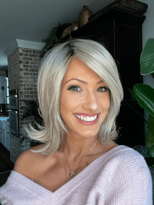 Jenna Fail @jenna_fail wearing UPSTAGE by RAQUEL WELCH WIGS in color RL19/23SS SHADED BISCUIT | Light Ash Blonde Evenly Blended with Cool Platinum Blonde with Dark Roots