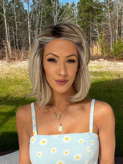 Jenna Fail @jenna_fail wearing UPSTAGE by RAQUEL WELCH WIGS in color RL19/23SS SHADED BISCUIT | Light Ash Blonde Evenly Blended with Cool Platinum Blonde with Dark Roots